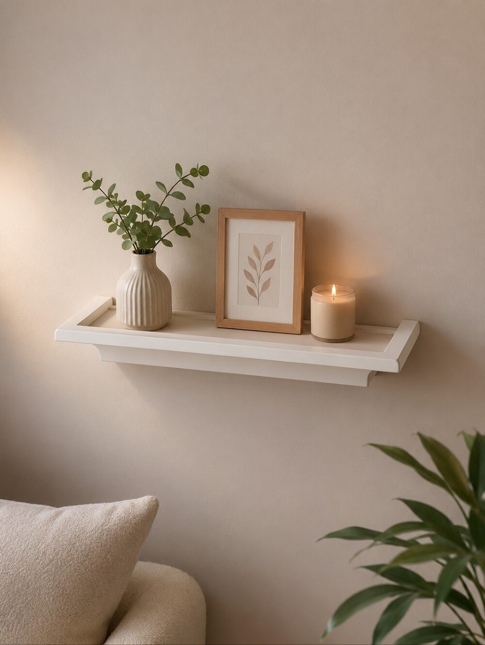 Small Neutral White Floating Wall Shelf - Minimal Home Wall Decor